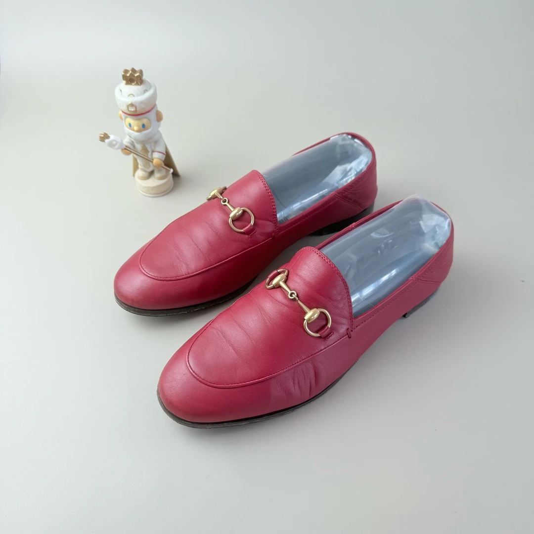 95新 GUCCI/古驰 红色马衔扣低跟鞋 37码 YLP2981