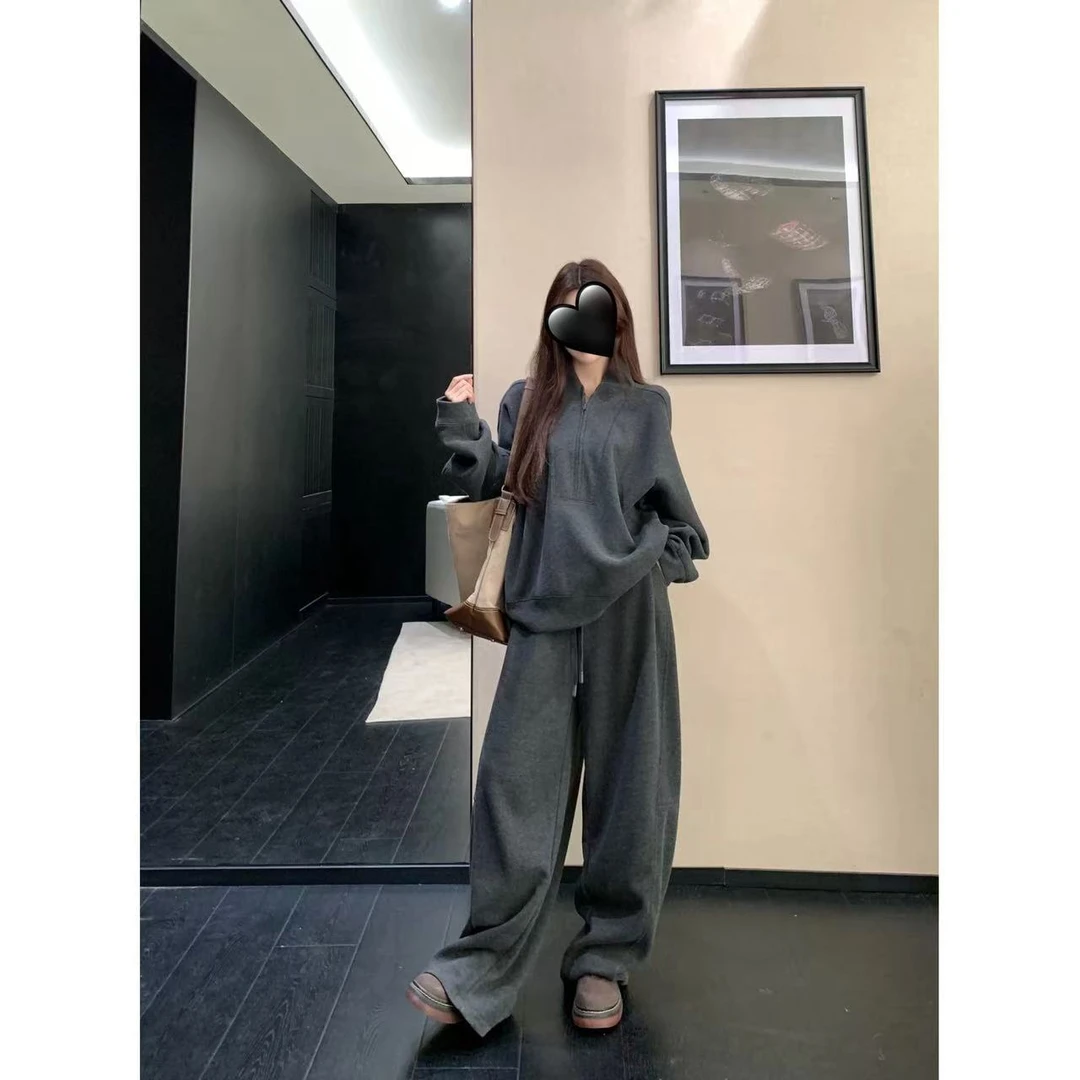 大码秋冬纯色半拉链立领廓形卫衣休闲卫裤套装