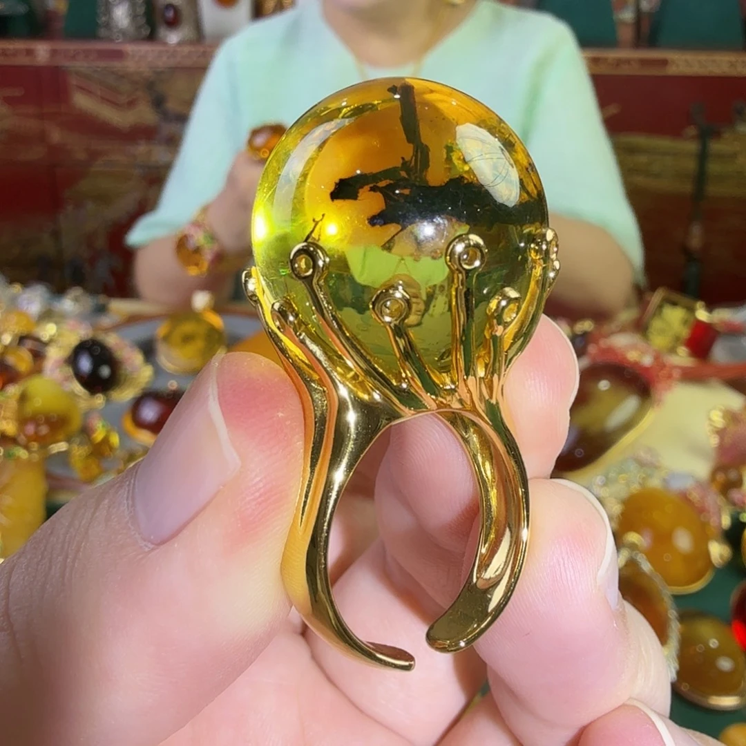 植物珀银S925镀金镶嵌戒指