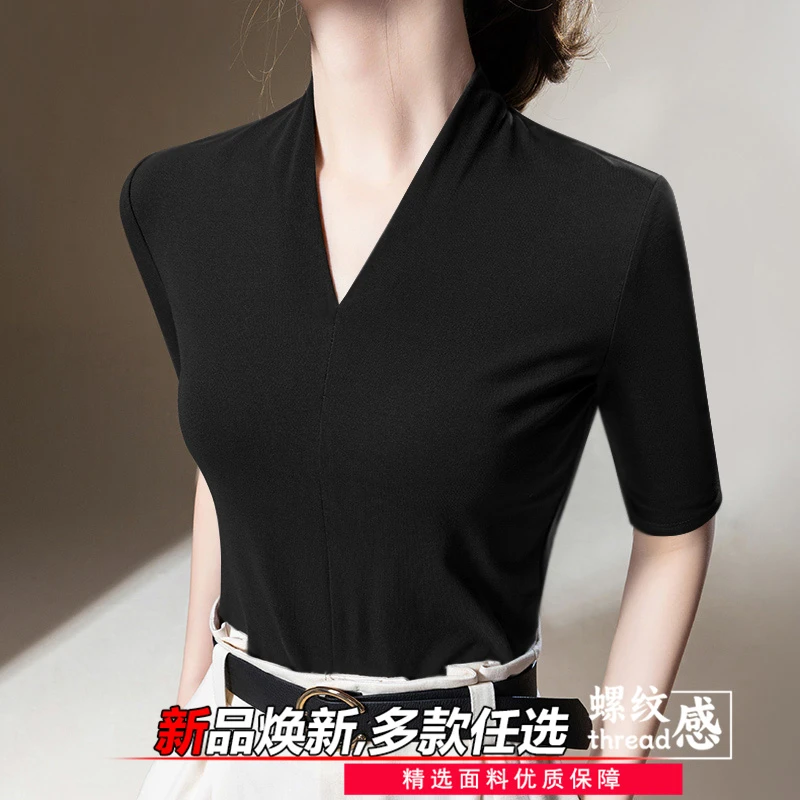 螺纹清凉短袖女士2025年春夏新款打底衫减龄五分袖V领修身上衣女