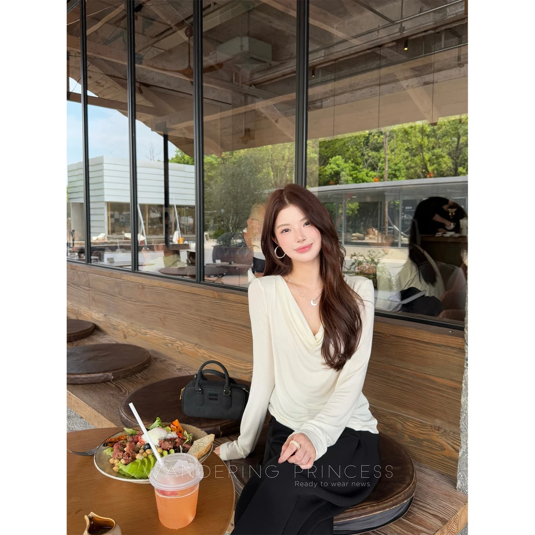钱美西  纯色百搭松弛感荡领系带针织衫长袖T上衣