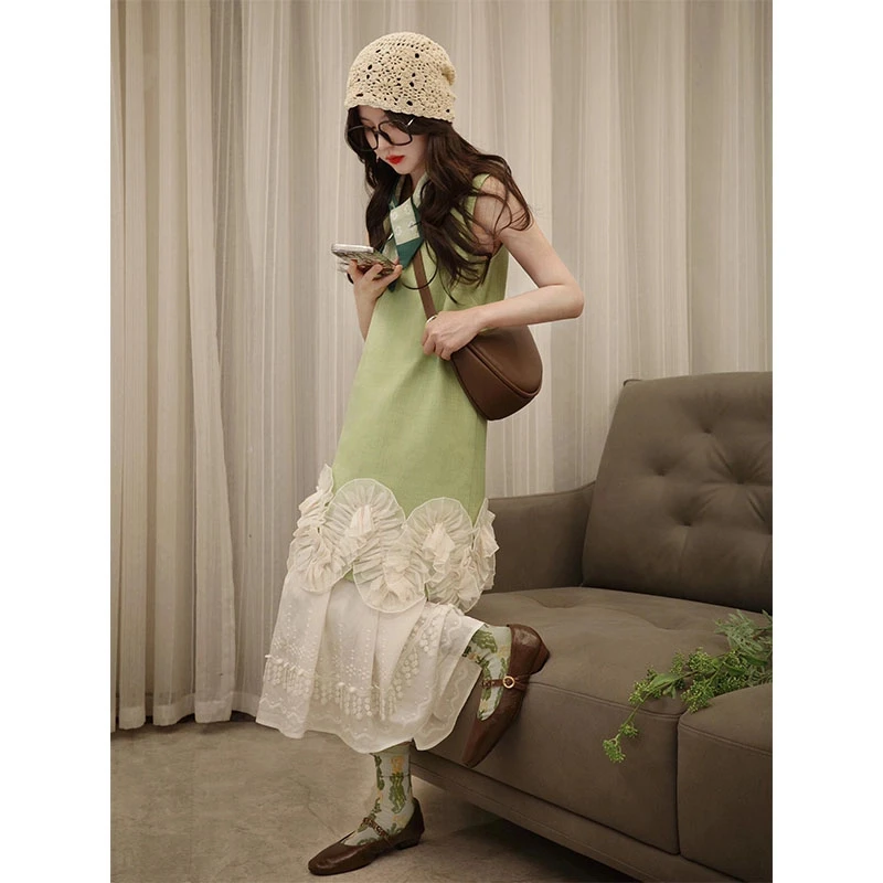 欧若风韩系重工立体花朵圆领无袖背心连衣裙女绝美气质半身裙套装