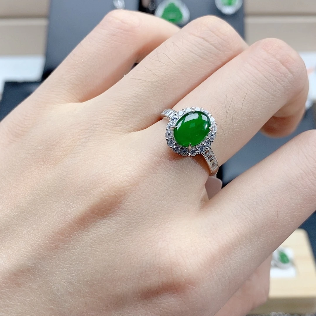 翡翠银S925镀金镶嵌戒指天然翡翠