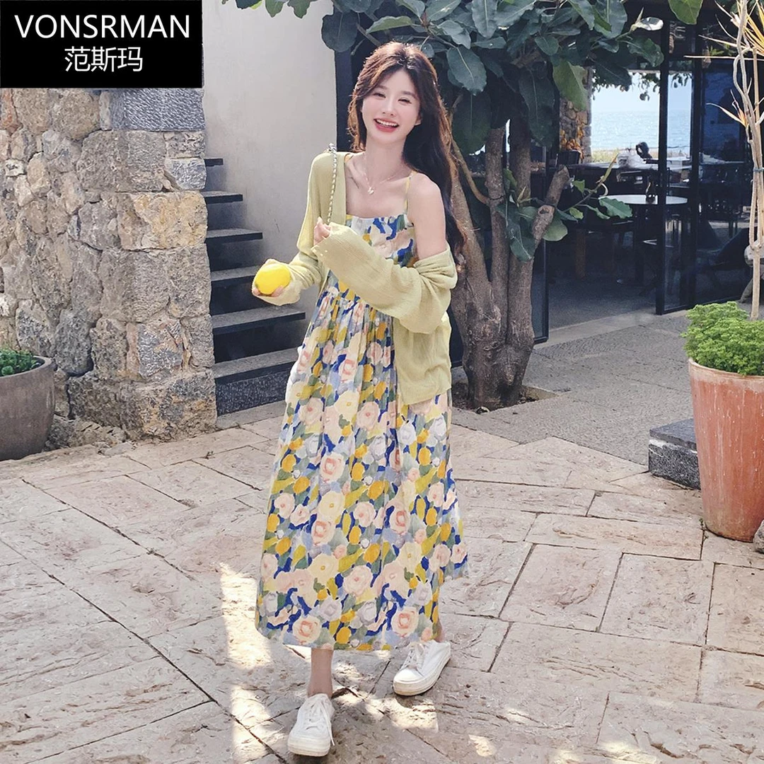 Vonsrman夏季穿搭一整套装碎花吊带连衣裙女新款海边度假油画长裙