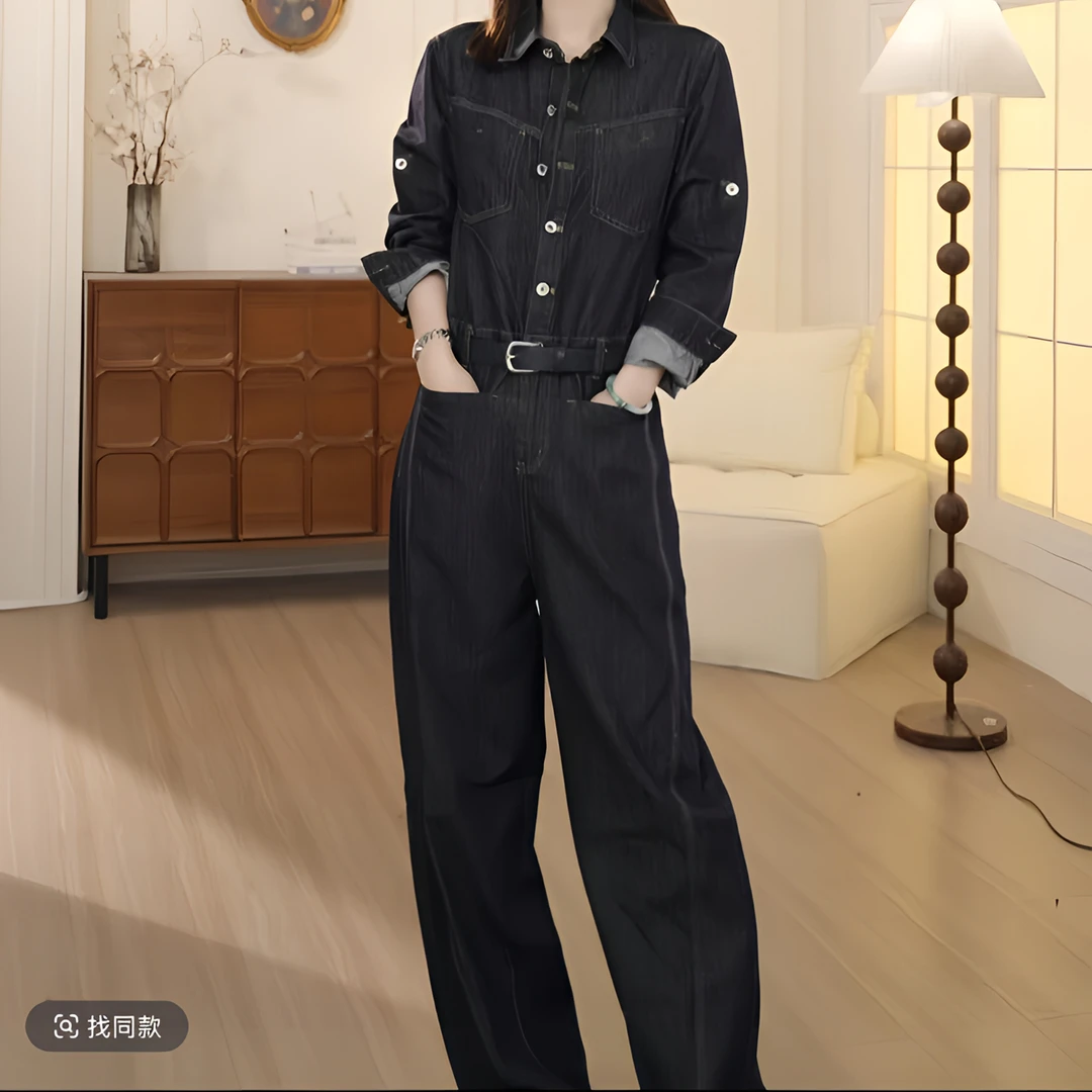 2025春季新款韩版女装连体裤复古单排扣高腰阔腿裤牛仔连衣裤女