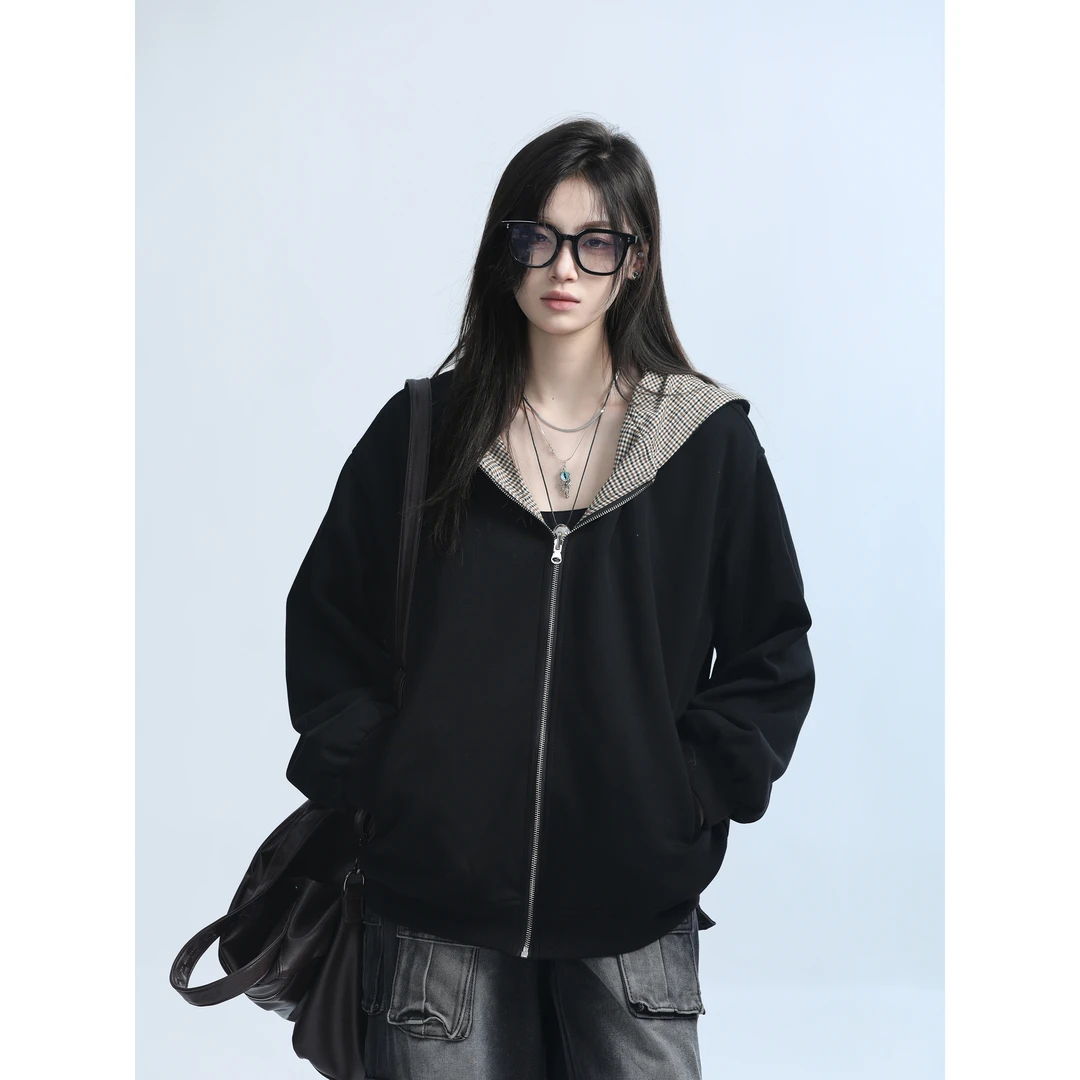 双面穿千鸟格拉链连帽卫衣女秋季新款网红设计感小众宽松休闲外套