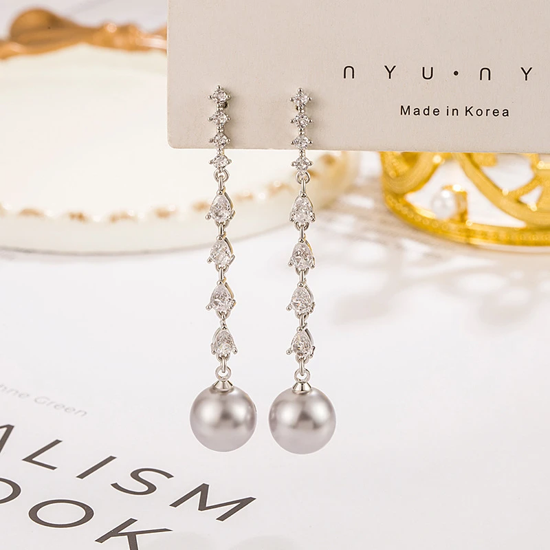 合金锆石耳饰 拼接锆石珍珠长款流苏耳坠高级感女小众设计个性