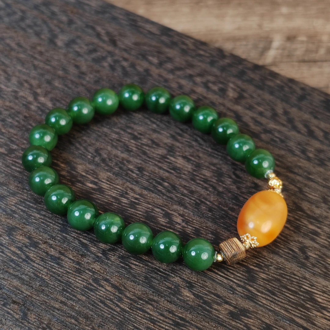 【碧水青烟】和田玉菠菜绿蜜蜡枣珠设计手串