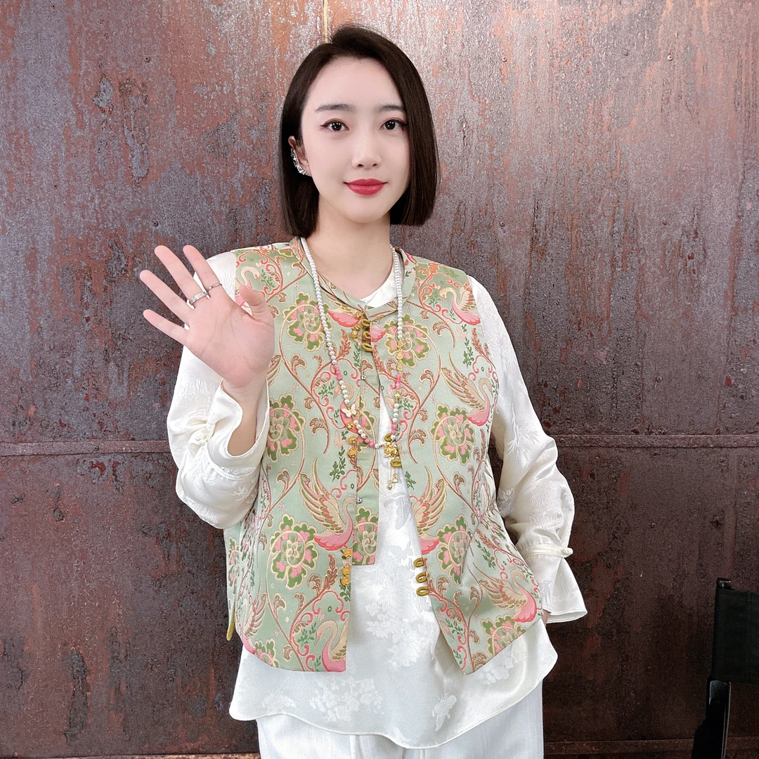 新中式桑蚕丝混纺宋锦马甲气质时尚天鹅图案复古马夹 HF-870214