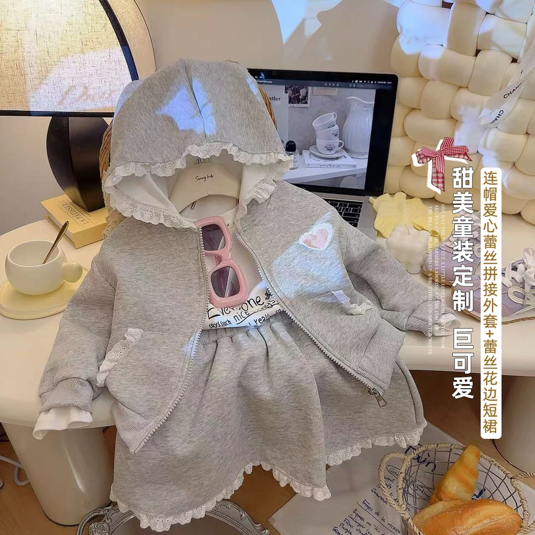 女童甜美连帽爱心蕾丝拼接外套蕾丝童装花边短裙