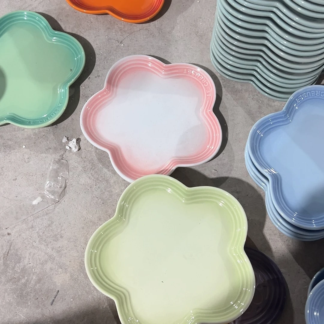 陶瓷 大梅花浅盘 抹茶绿 粉白色