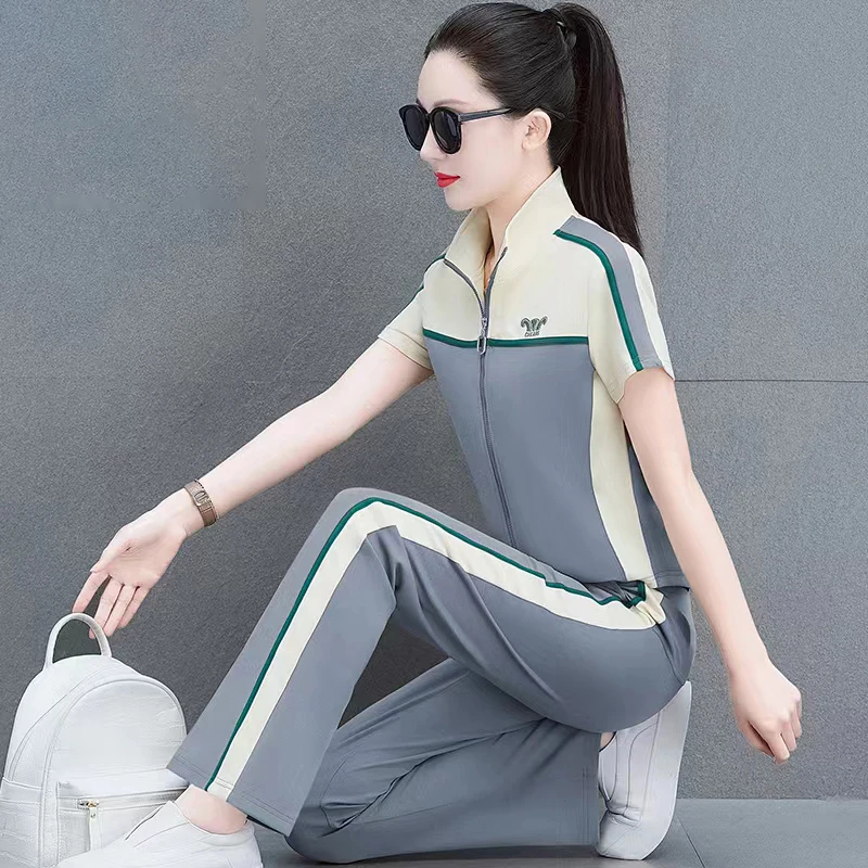 短袖运动服套装女时尚洋气2024年新款夏季中年妈妈拼接休闲两件套