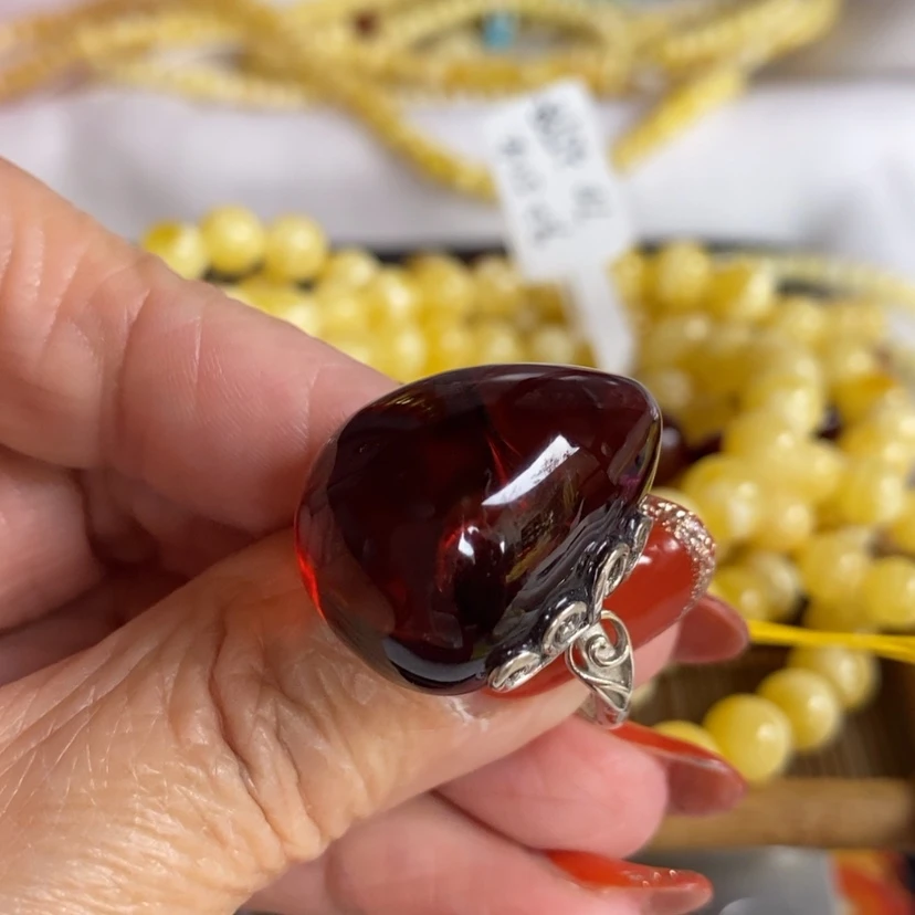 【闪购商品】蜜蜡手链未镶嵌血珀水滴银镶嵌戒指