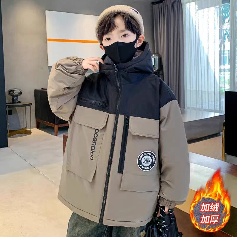 502033童装男童棉服2024冬款兔毛加棉加厚连帽棉衣宝宝潮酷上衣