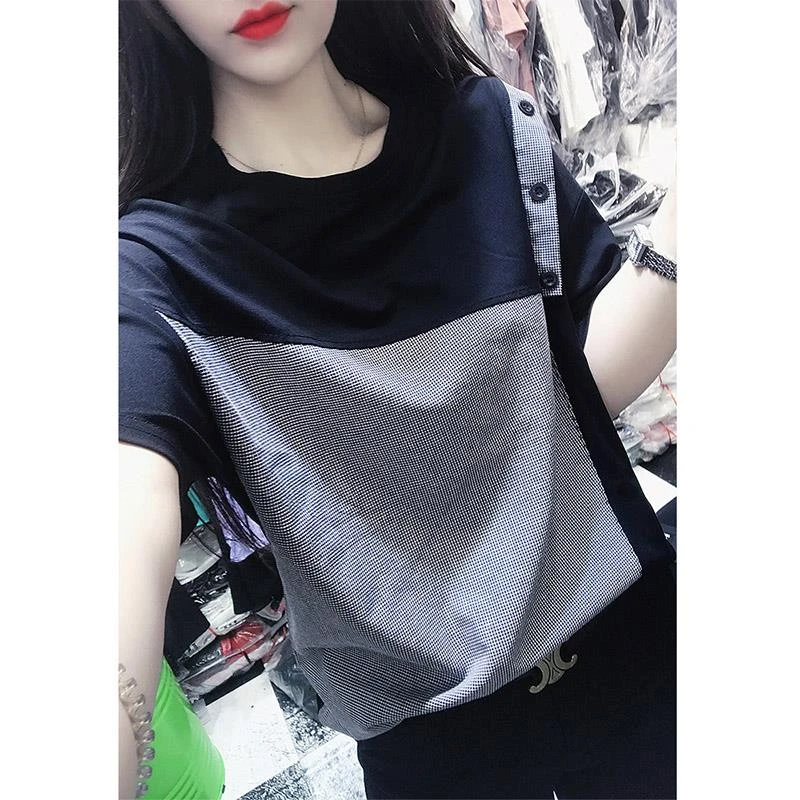 短袖拼色套头t恤夏季新款气质时尚宽松显瘦别致百搭新款圆领上衣