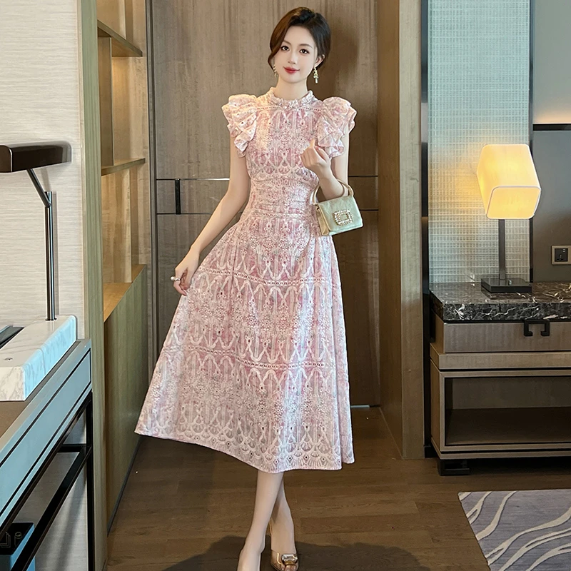 2025年夏季复古时尚气质优雅女神范法式收腰名媛浪漫连衣裙80192