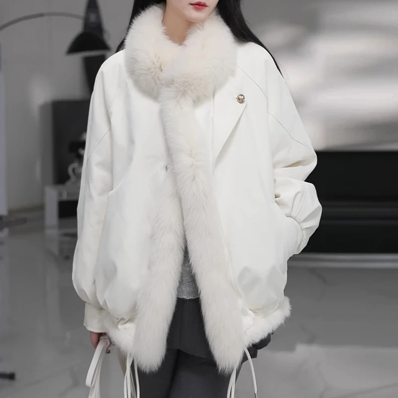 韩系松弛风毛绒拼接棉服2025冬季款狐狸毛领抽绳收腰气质清冷灵动