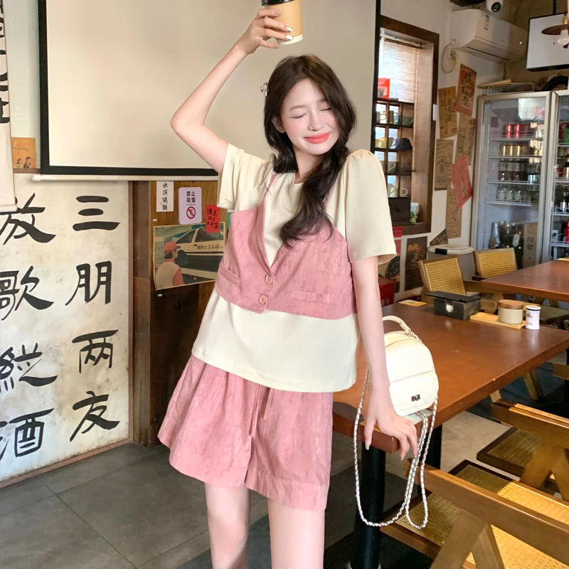 粉色短裤套装女时尚洋气时髦夏天小众不撞款韩系松弛感穿搭套装裤