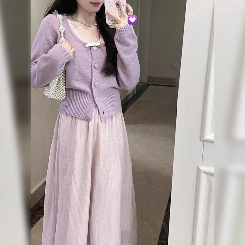 2025新款春秋季穿搭小香风紫色系温柔毛衣开衫高腰半身裙两件套装