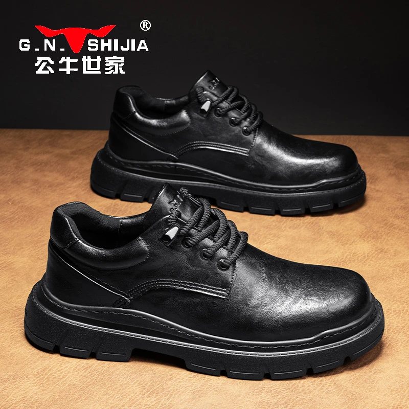 公牛世家男鞋春季男士休闲皮鞋复古工作上班耐磨工装低帮马丁靴