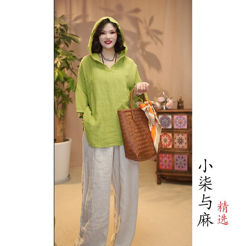 【小柒与麻】100%汉麻木耳花边连帽小衫（衣长65胸围138）