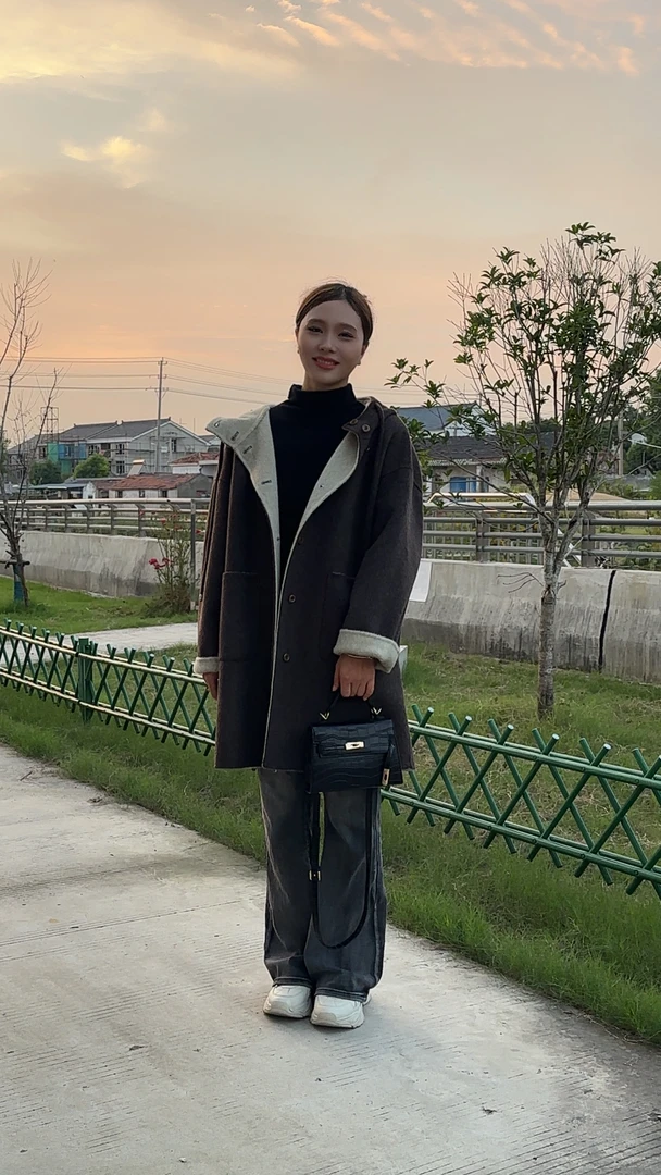 羊驼毛真丝高级双面羊毛呢大衣外套气质休闲连帽宽松潮流中长款