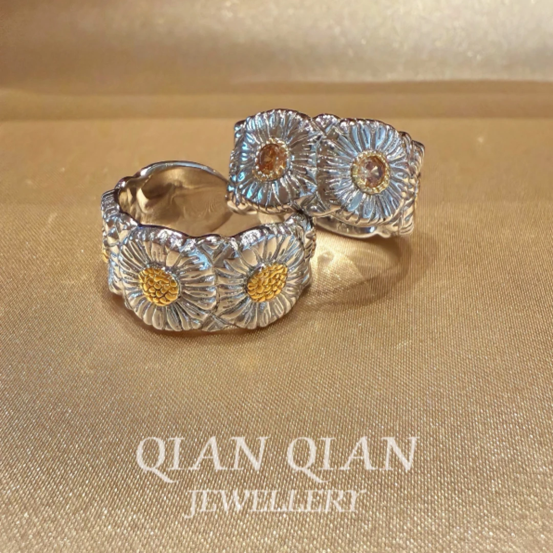 925银戒指 【倩倩珠宝】意大利中古风手工拉丝小雏菊戒指 复古时尚