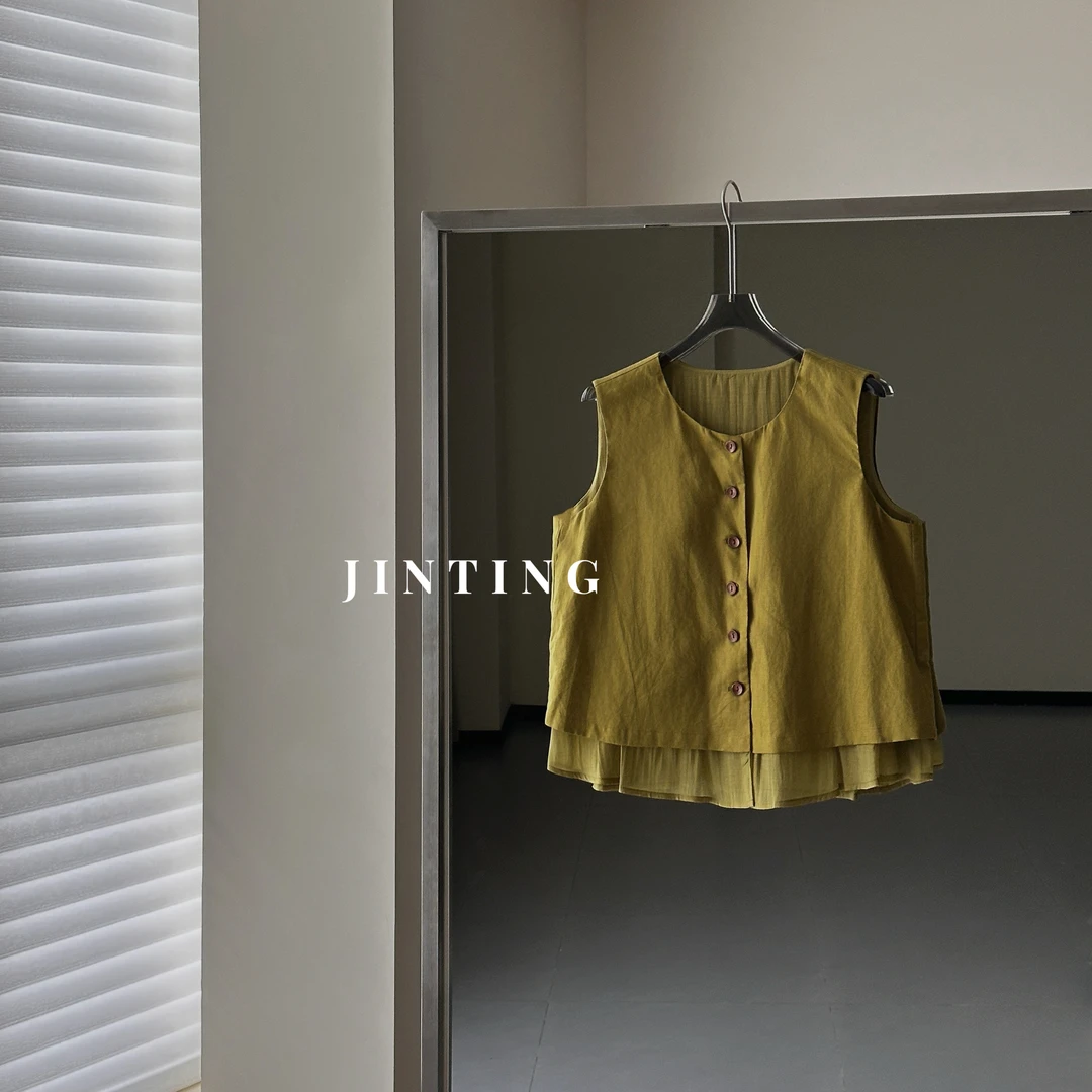 高级感时尚文艺百搭小众圆领单排扣花边底无袖马甲-M25202436