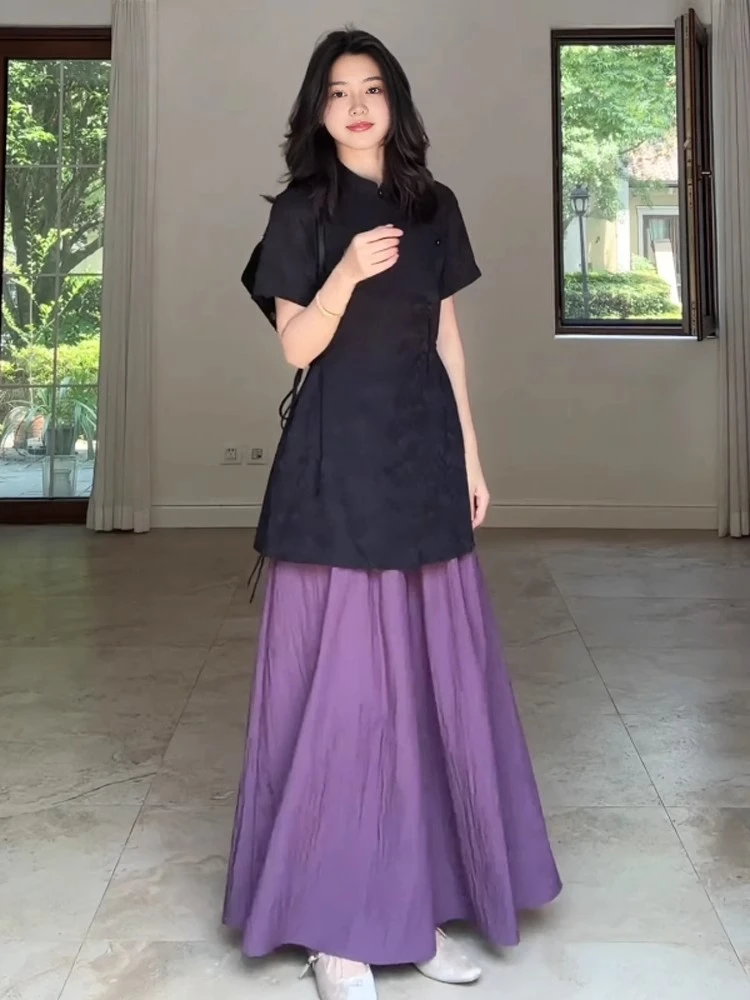 大码胖mm新中式国风收腰盘扣上衣女夏季高腰宽松显瘦阔腿裤两件套