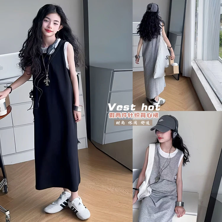 女童假两件连衣裙夏2025新款女大童夏装长款背心裙儿童棉布T恤裙。