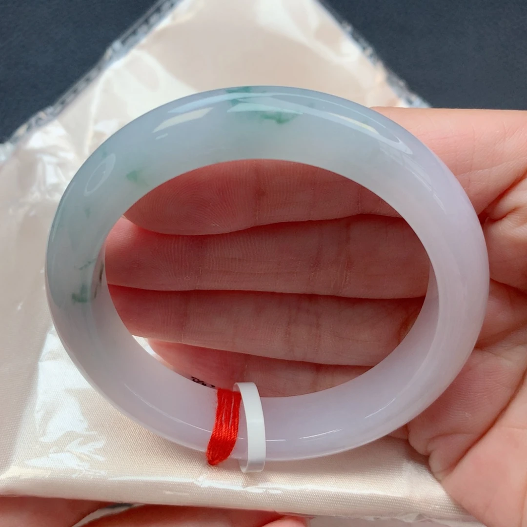 未镶嵌手镯翡翠55圈细糯化粉紫底飘绿花细腻0毛孔