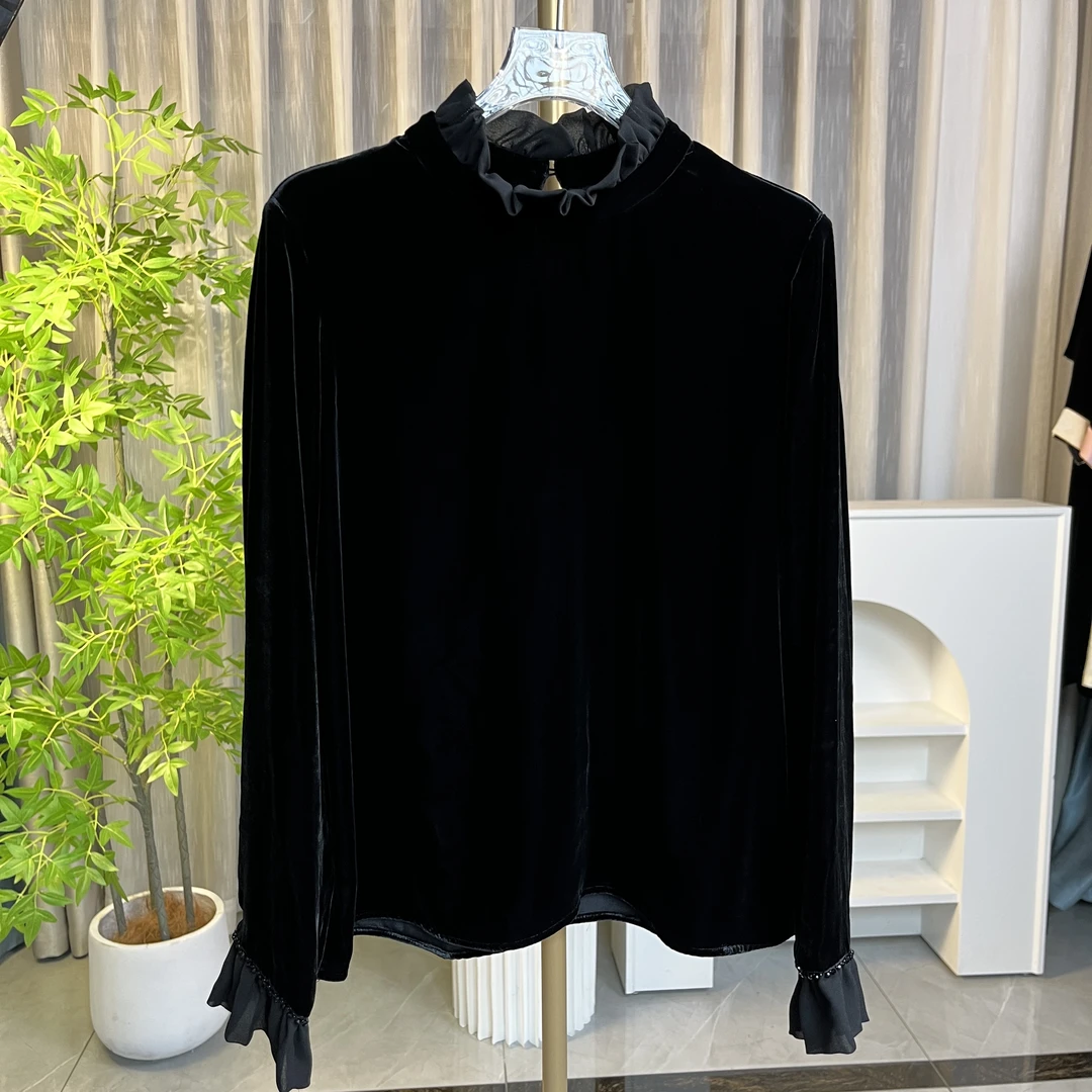 高端时尚真丝丝绒轻奢名媛气质木耳边上衣