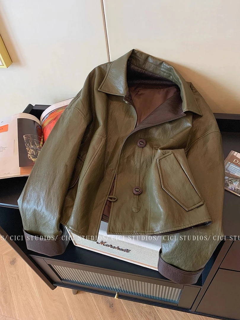 法式复古翻领短款皮衣外套女秋季2025新款高级感时髦显瘦夹克上衣