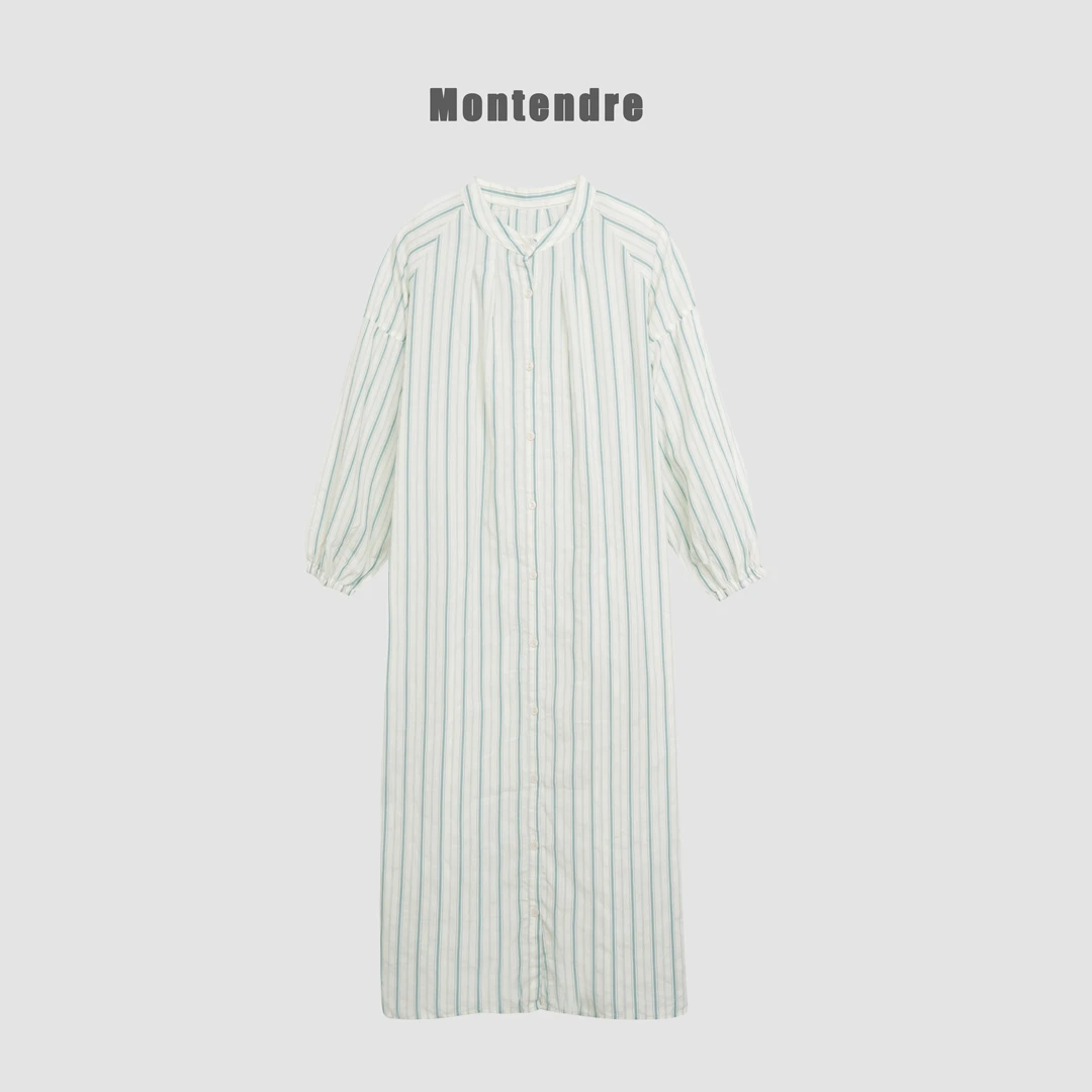 【强哥外贸】春季新款 M 百搭欧若风休闲风长裙圆领系扣衬衫连衣裙