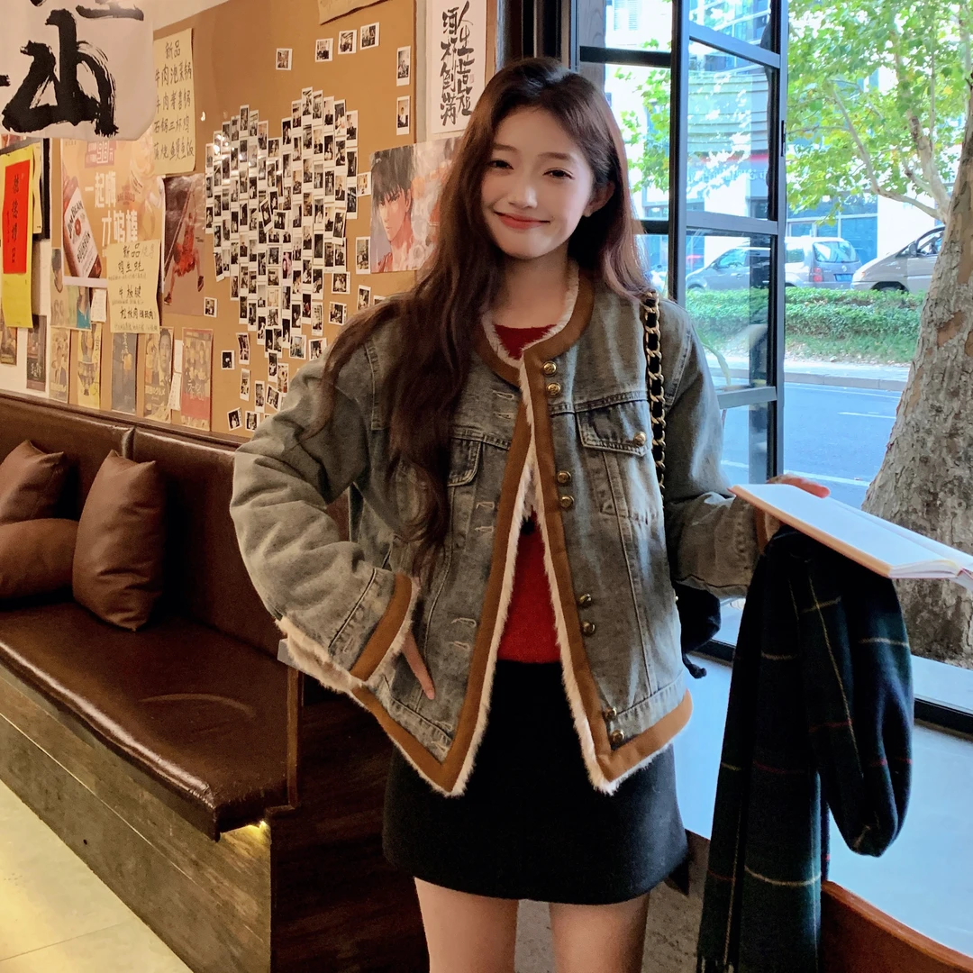 复古港风加绒牛仔厚外套女2024冬季新款炸街小个子潮流短款派克服
