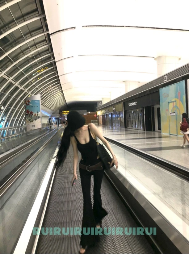 【RUI】超模裤 辣妹风修身带弹力黑色直筒微喇休闲长裤D0004