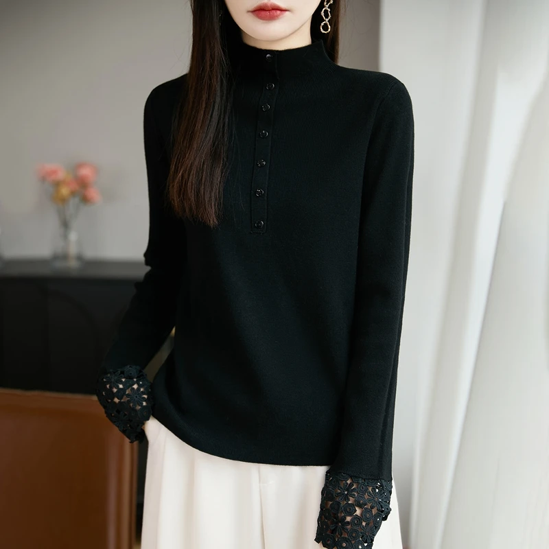 品牌时尚女装半高领纯色立体钩花毛针织衫气质法式毛衣中国风上衣