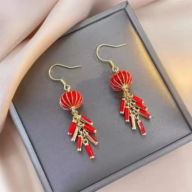 合金耳饰 C-1665中国风灯笼鞭炮新款潮红色过年喜庆耳饰