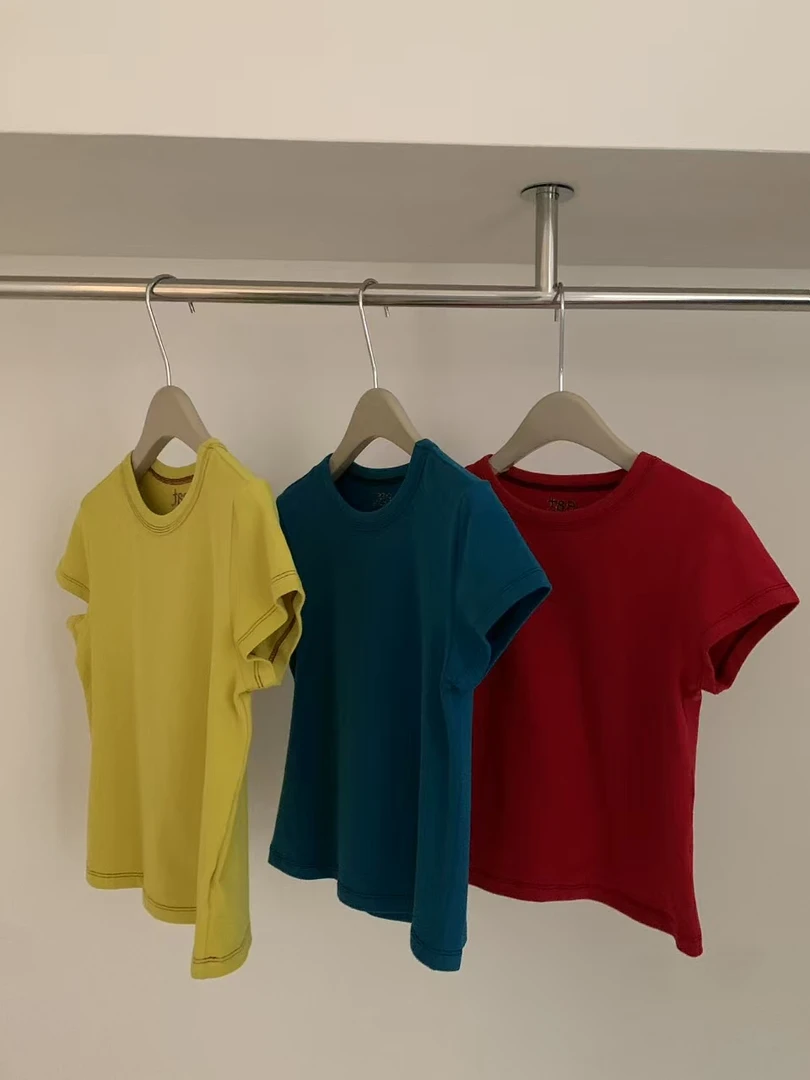 【eat纯色】小版正肩纯色短袖T恤女bm高腰显瘦露脐圆领上衣辣妹款