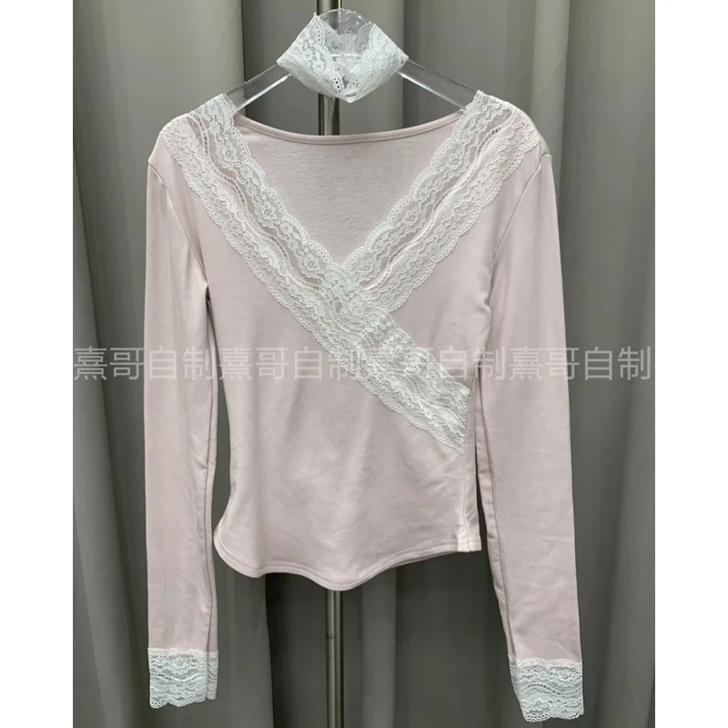 韩版设计感蕾丝边V领德绒磨毛长袖上衣秋冬新款修身显瘦百搭T恤潮