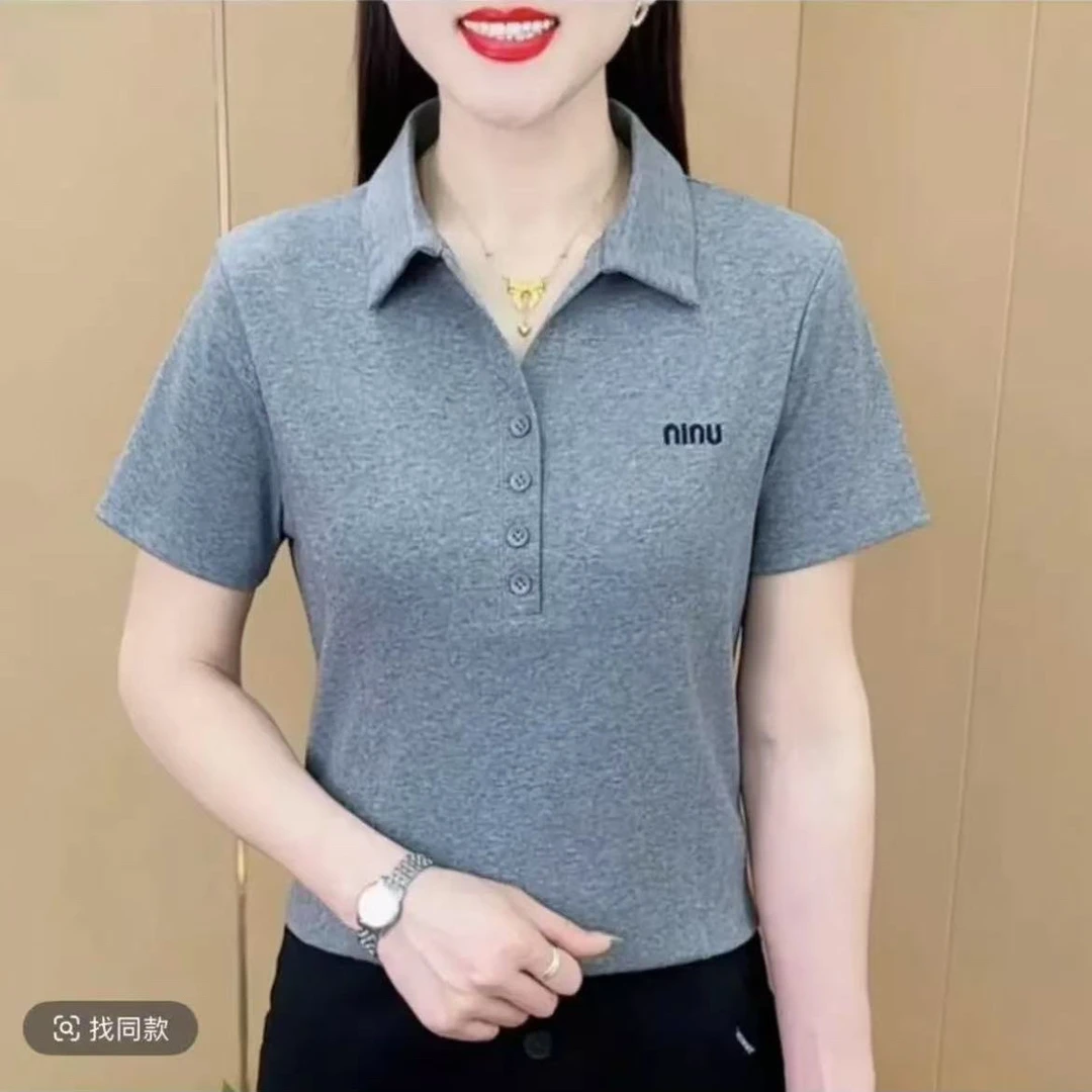 新款洋气减龄百搭字母刺绣Polo领短袖上衣nonu字母