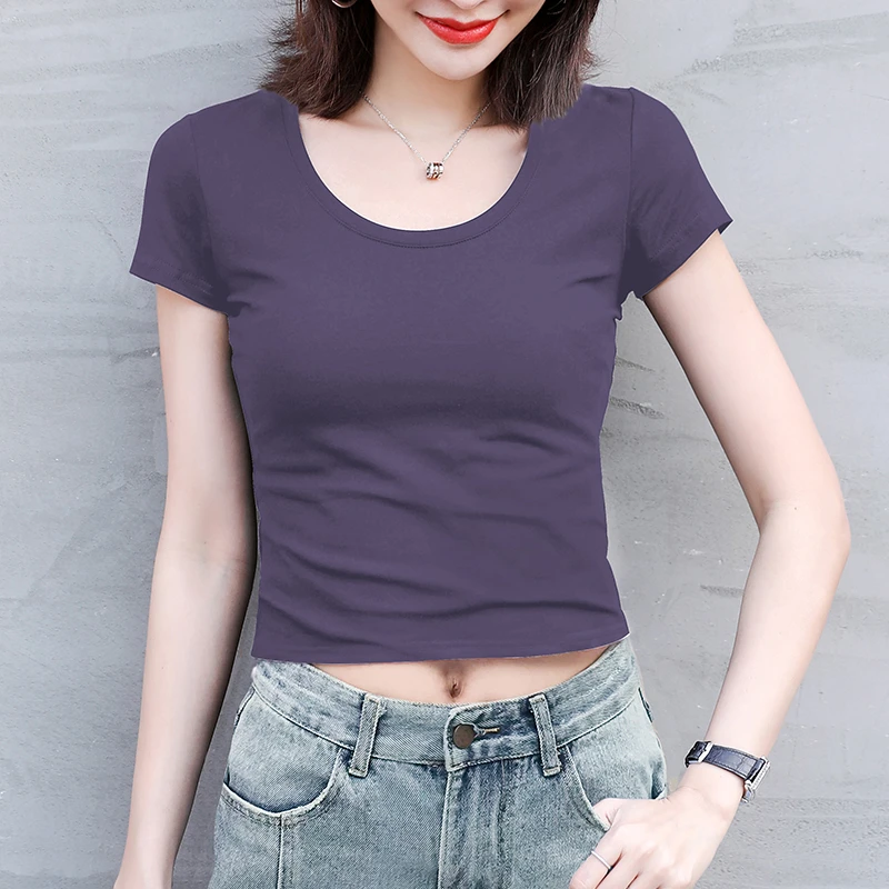 暗紫短款上衣女夏2025新款高腰露肚脐短袖t恤女今年女装减龄流行