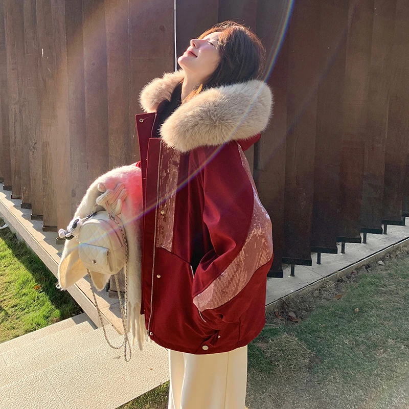 红色高级感大毛领连帽派克服女2025冬季新款亮片拼接加绒加厚外套