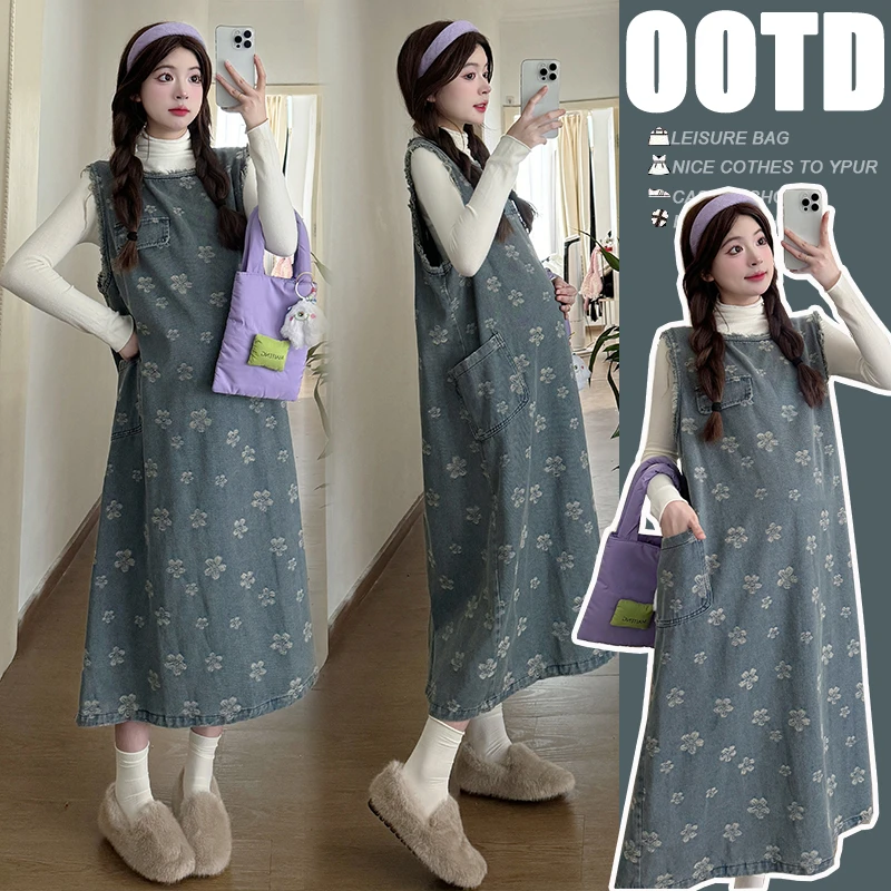 「圈圈优选」2025新款复古牛仔孕妇连衣裙花朵做旧减龄打底衫两件套