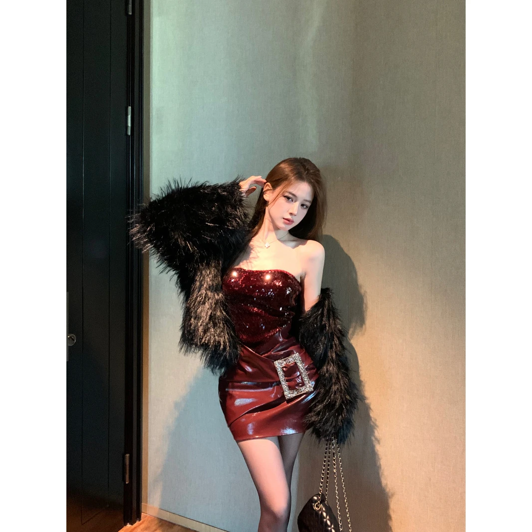 小众设计复古大金扣装饰亮片拼接包臀裙套装女时尚百搭外套两件套