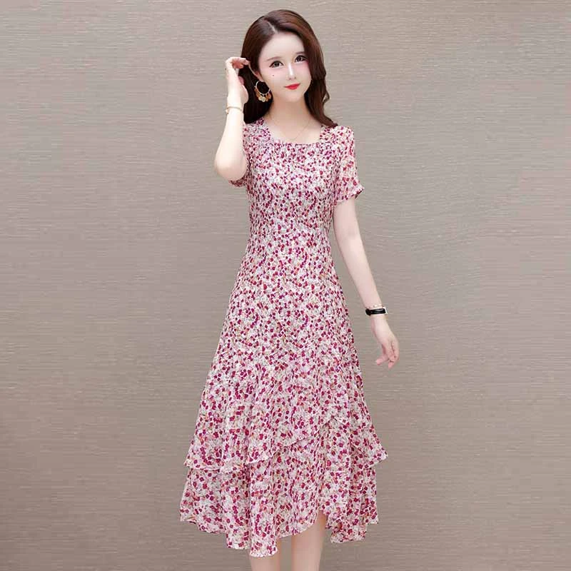 短袖过膝连衣裙碎花显瘦气质夏季中长款洋气小个子时尚修身裙子女
