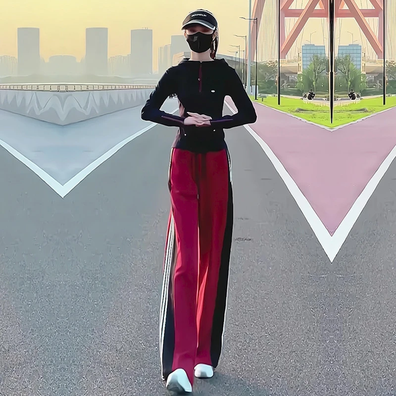 网红韩版休闲运动套装女春秋款显瘦修身长袖T恤高腰阔腿裤两件套