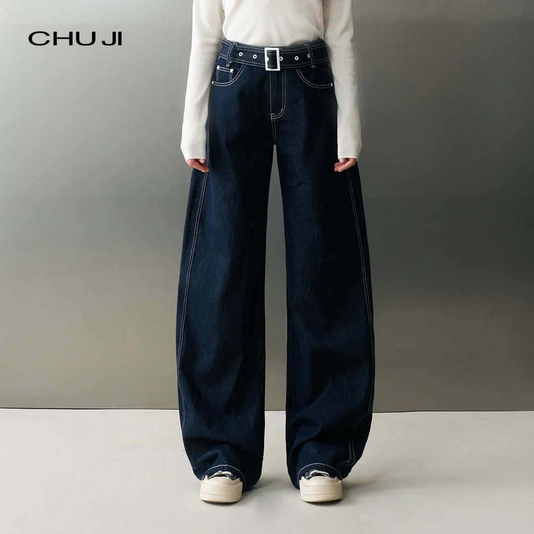 Chuji出迹高腰弯刀牛仔裤女 丹宁回潮 复古腰带香蕉长裤-E2Z2683K