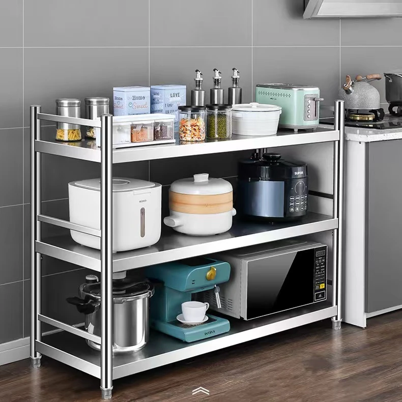 【3层带围栏不锈钢】厨房置物架落地多层微波炉烤箱收纳架储物架子