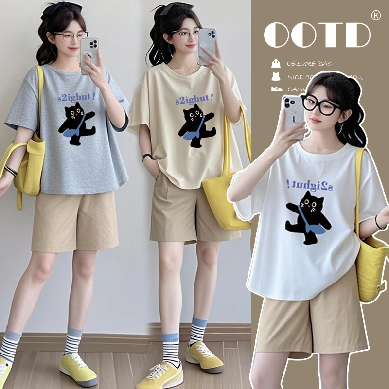 孕妇装夏季2025新款韩版简约圆领短袖T恤宽松大码遮肚子衬衫上衣